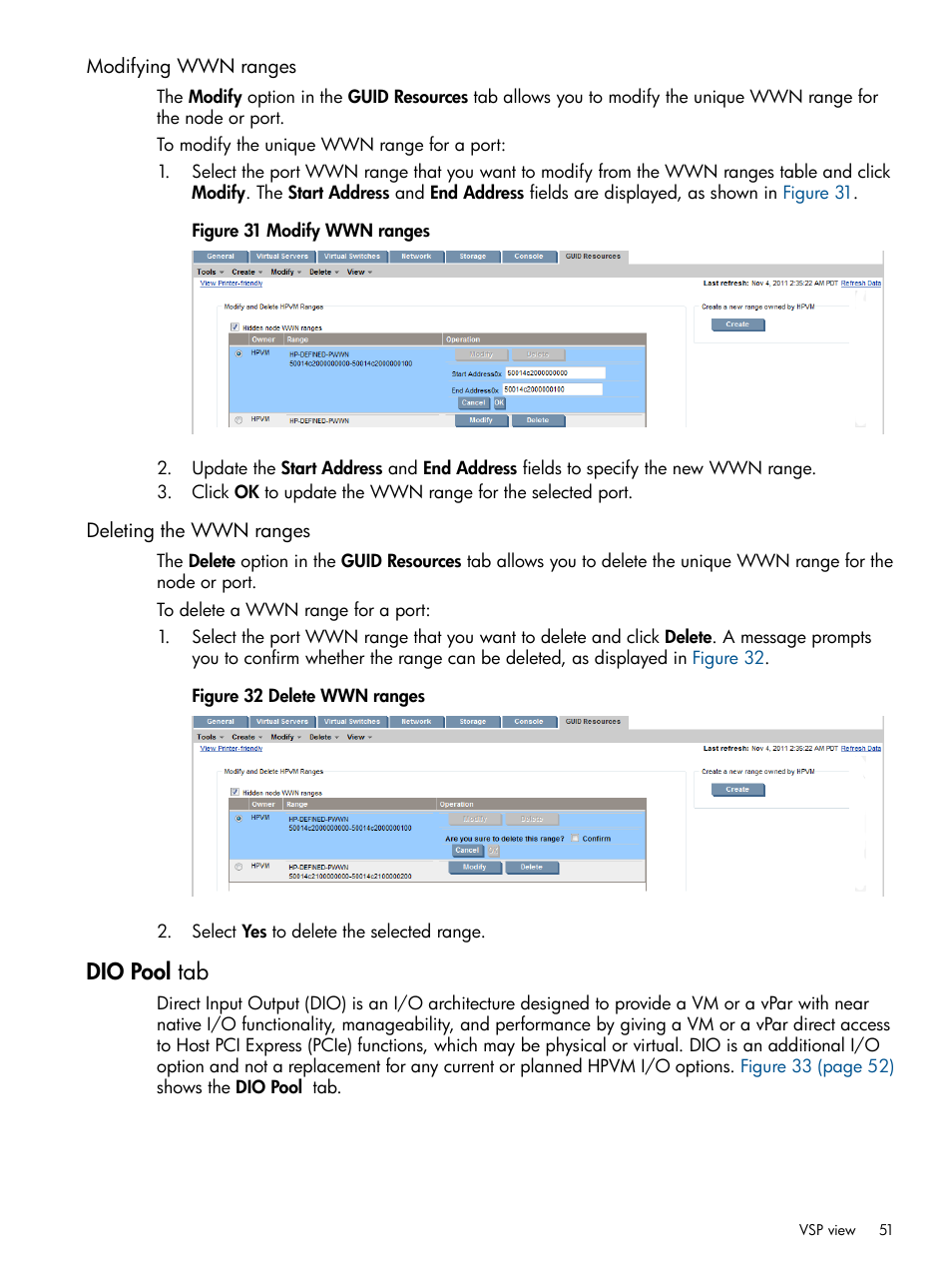 Modifying wwn ranges, Deleting the wwn ranges, Dio pool tab | Modifying wwn ranges deleting the wwn ranges | HP Matrix Operating Environment Software User Manual | Page 51 / 148