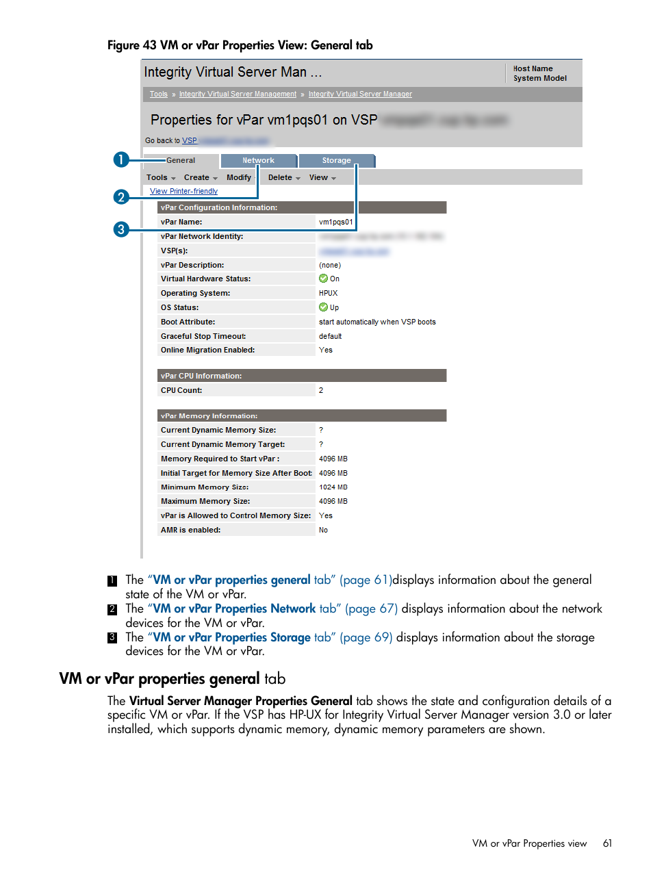 Vm or vpar properties general tab | HP Matrix Operating Environment Software User Manual | Page 61 / 148