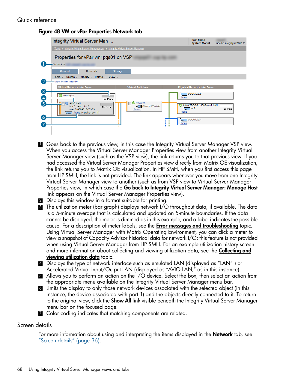 Quick reference, Screen details, Quick reference screen details | HP Matrix Operating Environment Software User Manual | Page 68 / 148