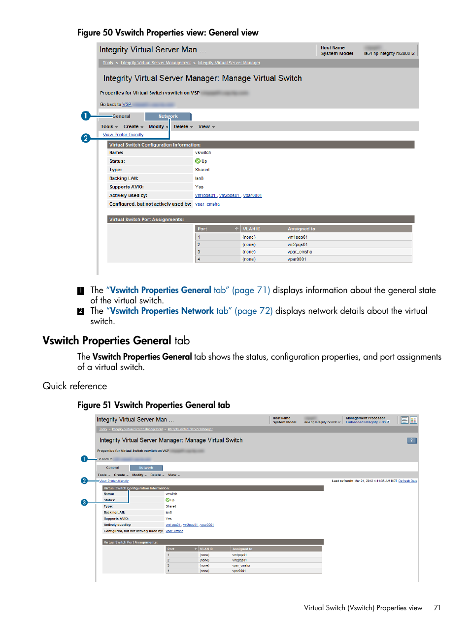 Vswitch properties general tab, Quick reference | HP Matrix Operating Environment Software User Manual | Page 71 / 148