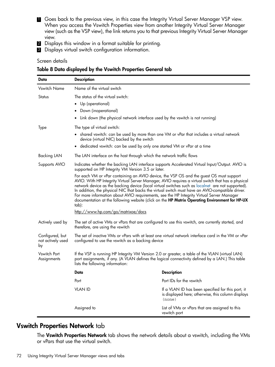 Screen details, Vswitch properties network tab | HP Matrix Operating Environment Software User Manual | Page 72 / 148
