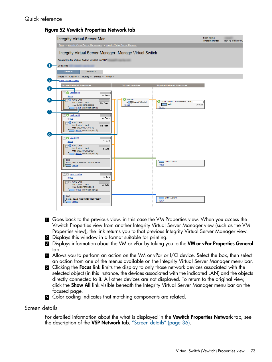 Quick reference, Screen details, Quick reference screen details | HP Matrix Operating Environment Software User Manual | Page 73 / 148