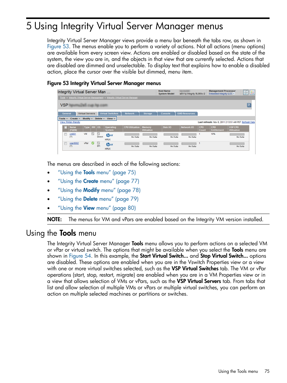5 using integrity virtual server manager menus, Using the tools menu | HP Matrix Operating Environment Software User Manual | Page 75 / 148