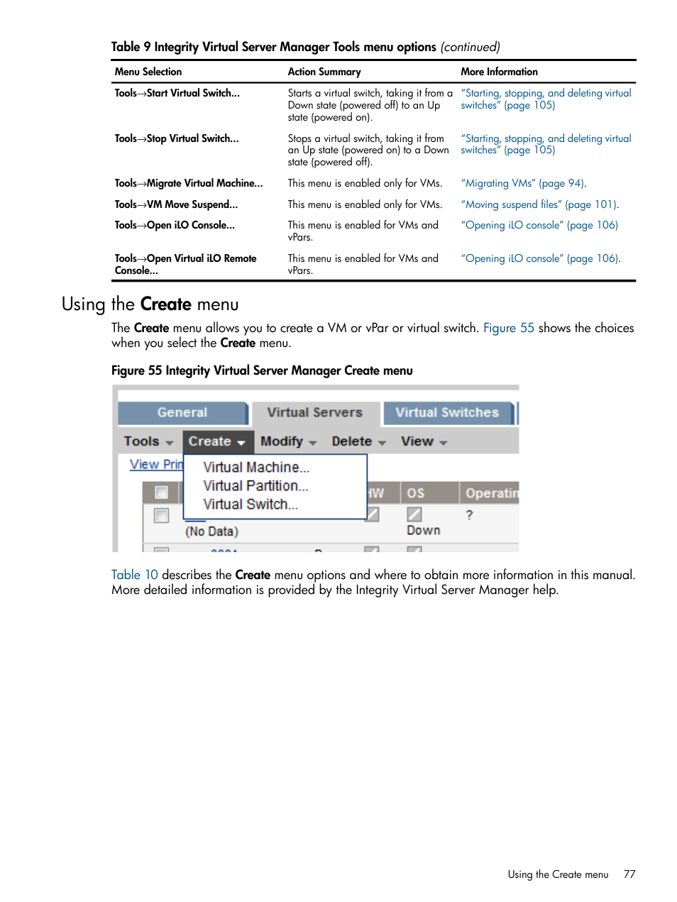 Using the create menu | HP Matrix Operating Environment Software User Manual | Page 77 / 148