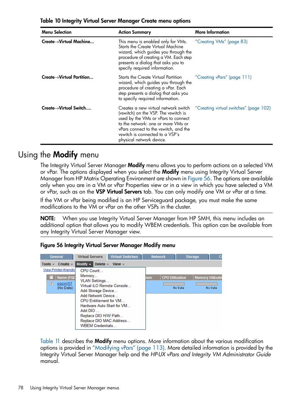 Using the modify menu, Table 10 | HP Matrix Operating Environment Software User Manual | Page 78 / 148