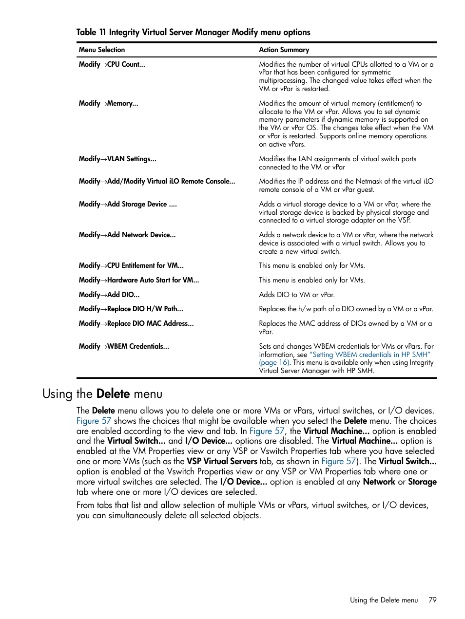 Using the delete menu, Table 11 | HP Matrix Operating Environment Software User Manual | Page 79 / 148