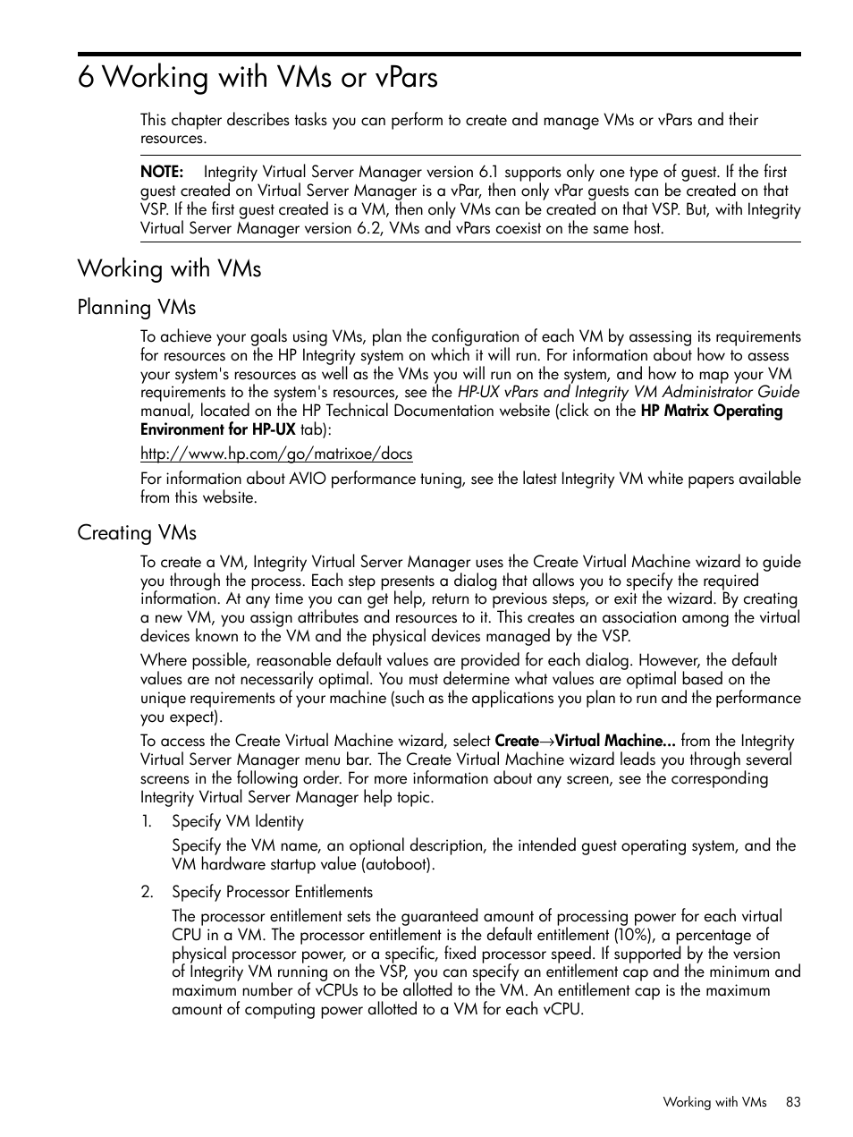 6 working with vms or vpars, Working with vms, Planning vms | Creating vms, Planning vms creating vms | HP Matrix Operating Environment Software User Manual | Page 83 / 148