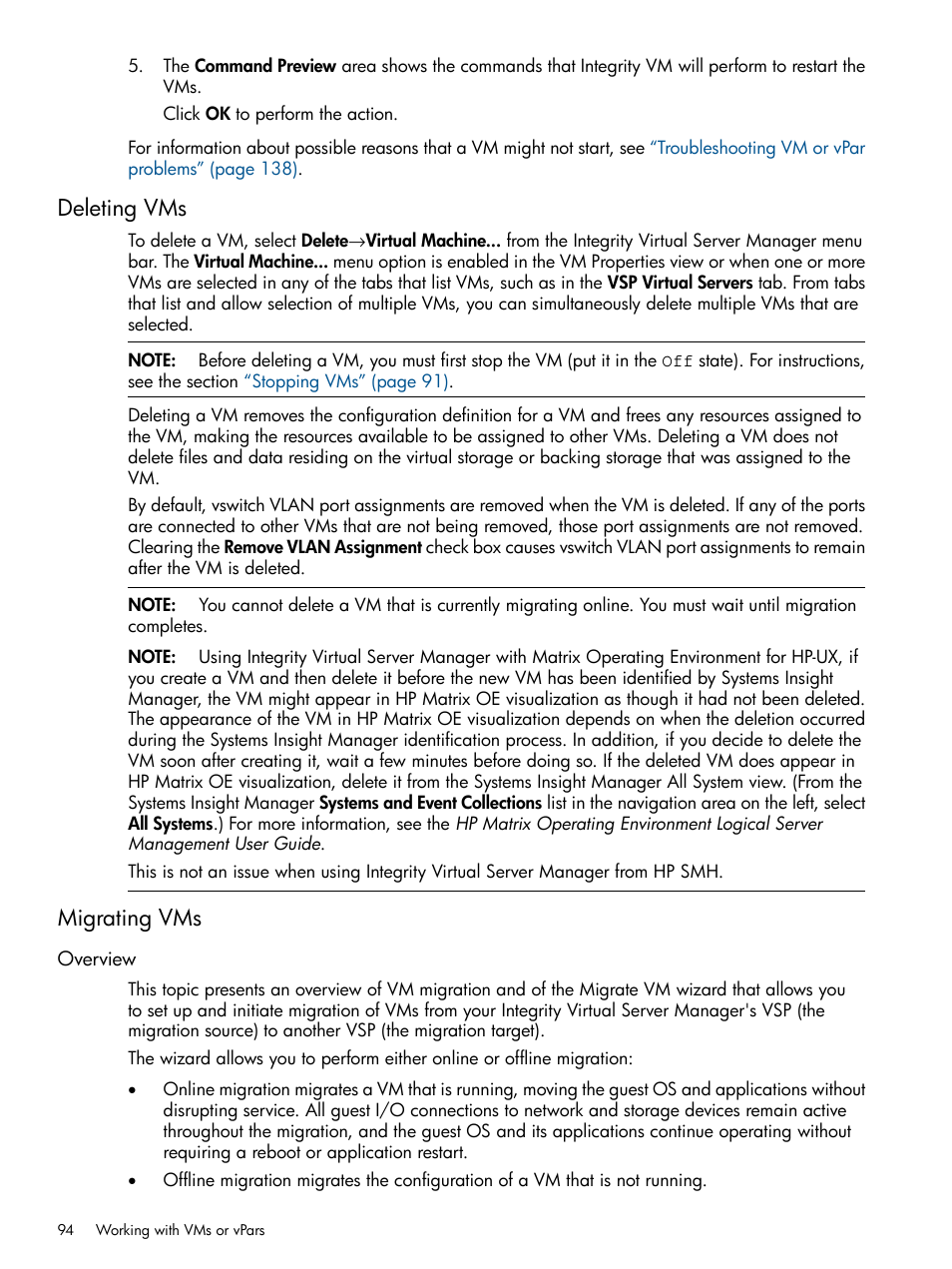Deleting vms, Migrating vms, Overview | Deleting vms migrating vms | HP Matrix Operating Environment Software User Manual | Page 94 / 148