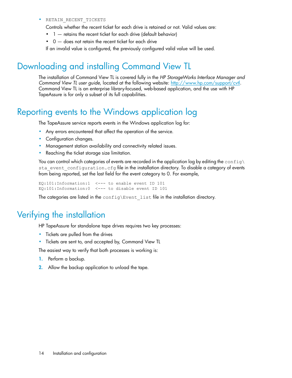 Downloading and installing command view tl, Reporting events to the windows application log, Verifying the installation | 14 reporting events to the windows application log, 14 verifying the installation | HP StoreEver Ultrium Tape Drives User Manual | Page 14 / 40
