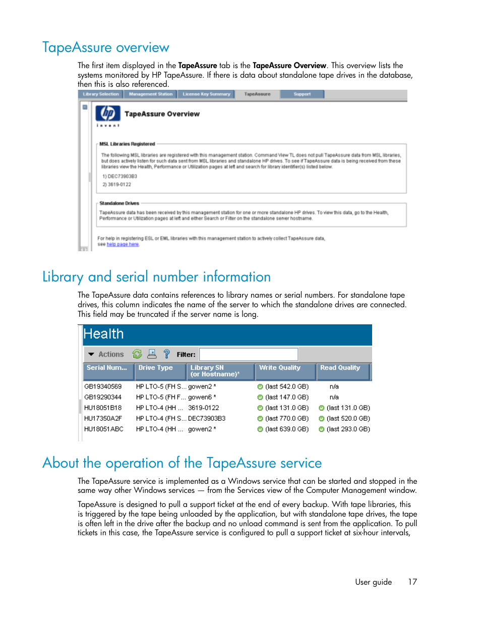 Tapeassure overview, Library and serial number information, About the operation of the tapeassure service | 17 library and serial number information, 17 about the operation of the tapeassure service | HP StoreEver Ultrium Tape Drives User Manual | Page 17 / 40