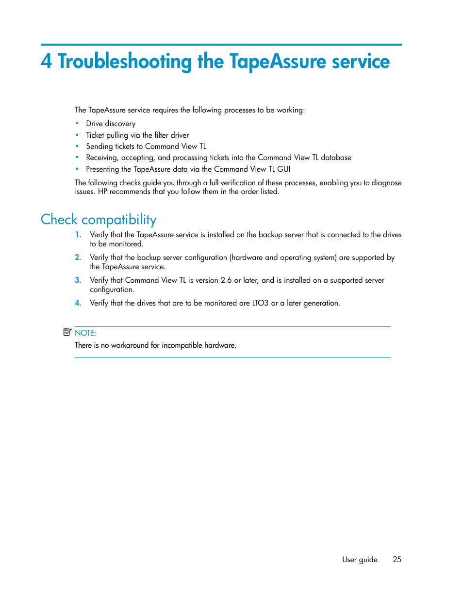 4 troubleshooting the tapeassure service, Check compatibility, Chapter 4 | HP StoreEver Ultrium Tape Drives User Manual | Page 25 / 40