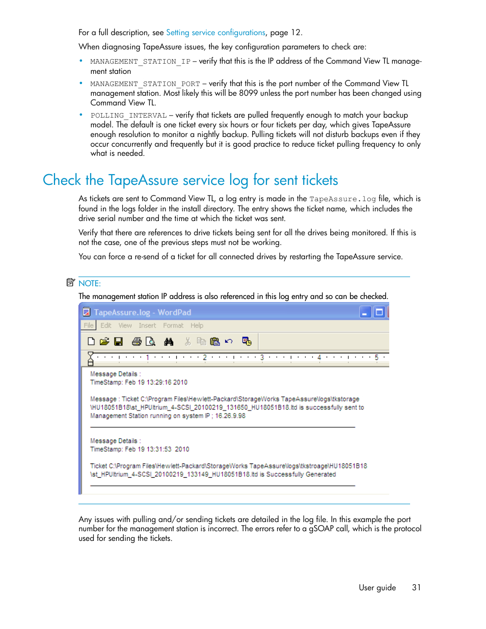 Check the tapeassure service log for sent tickets | HP StoreEver Ultrium Tape Drives User Manual | Page 31 / 40