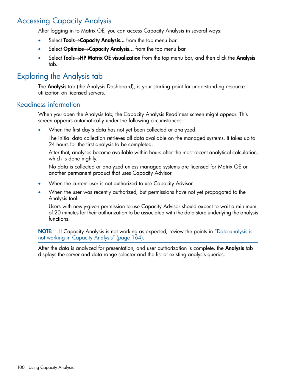 Accessing capacity analysis, Exploring the analysis tab, Readiness information | HP Matrix Operating Environment Software User Manual | Page 100 / 233