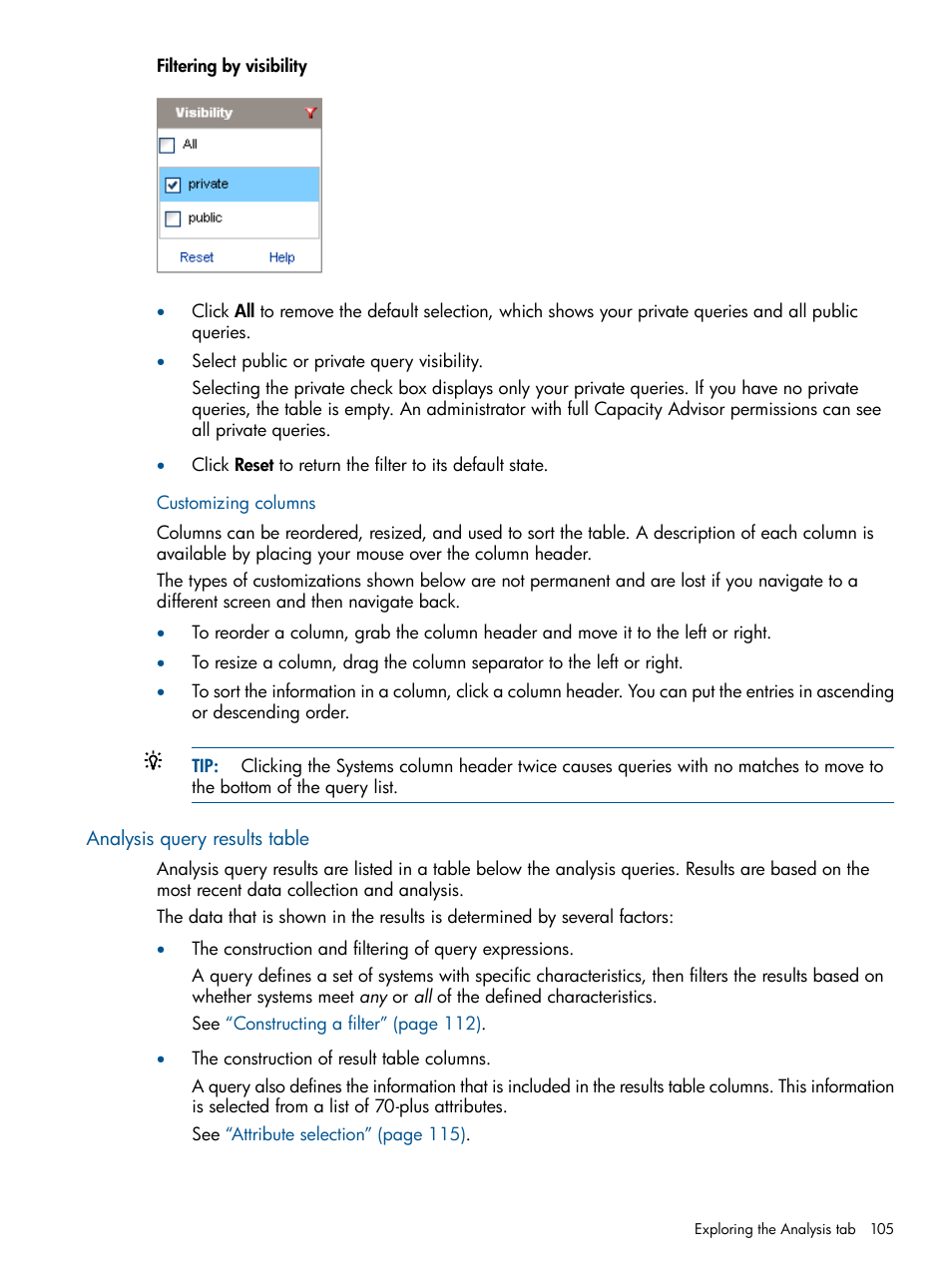 Customizing columns, Analysis query results table | HP Matrix Operating Environment Software User Manual | Page 105 / 233