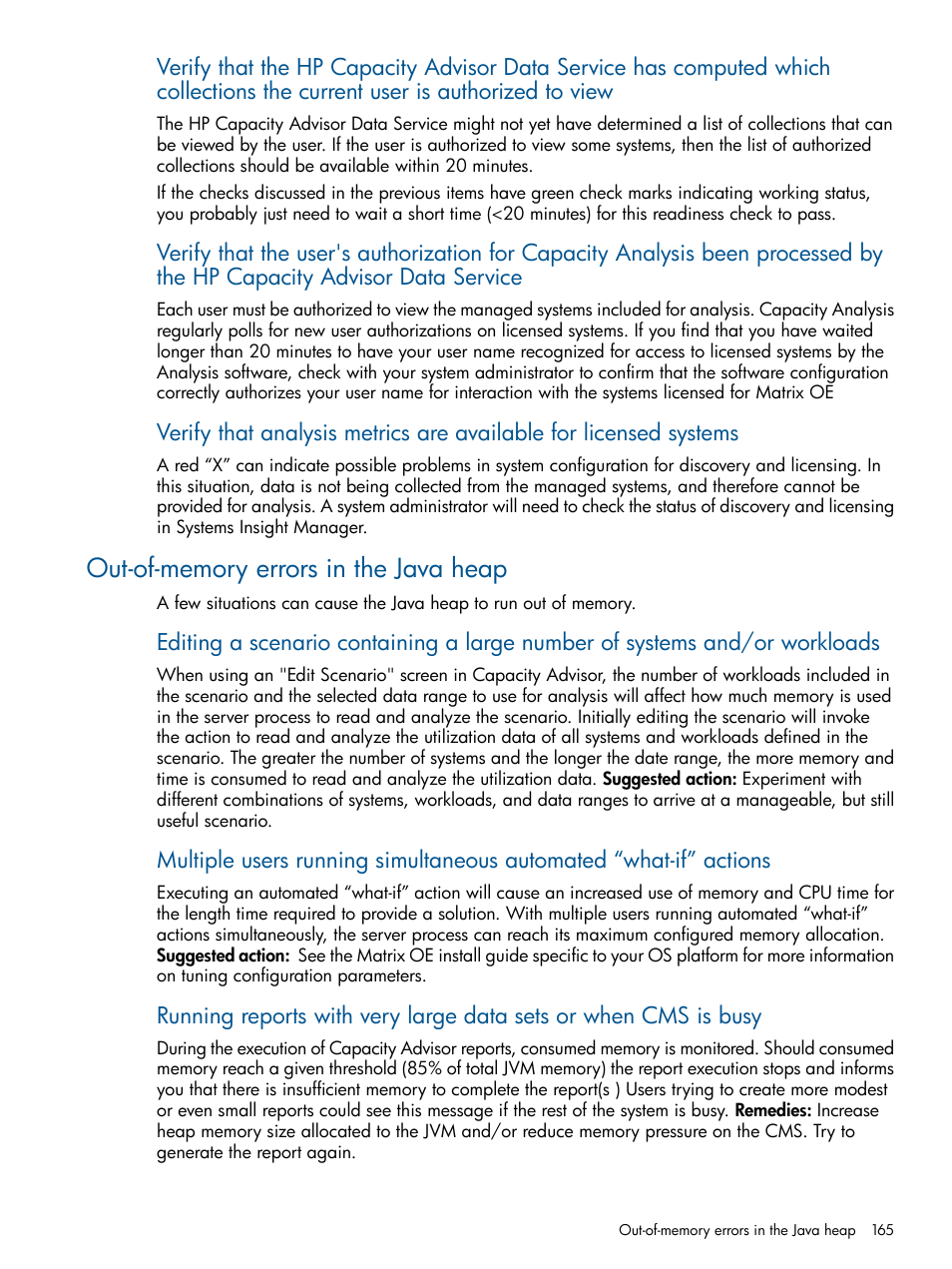Out-of-memory errors in the java heap | HP Matrix Operating Environment Software User Manual | Page 165 / 233