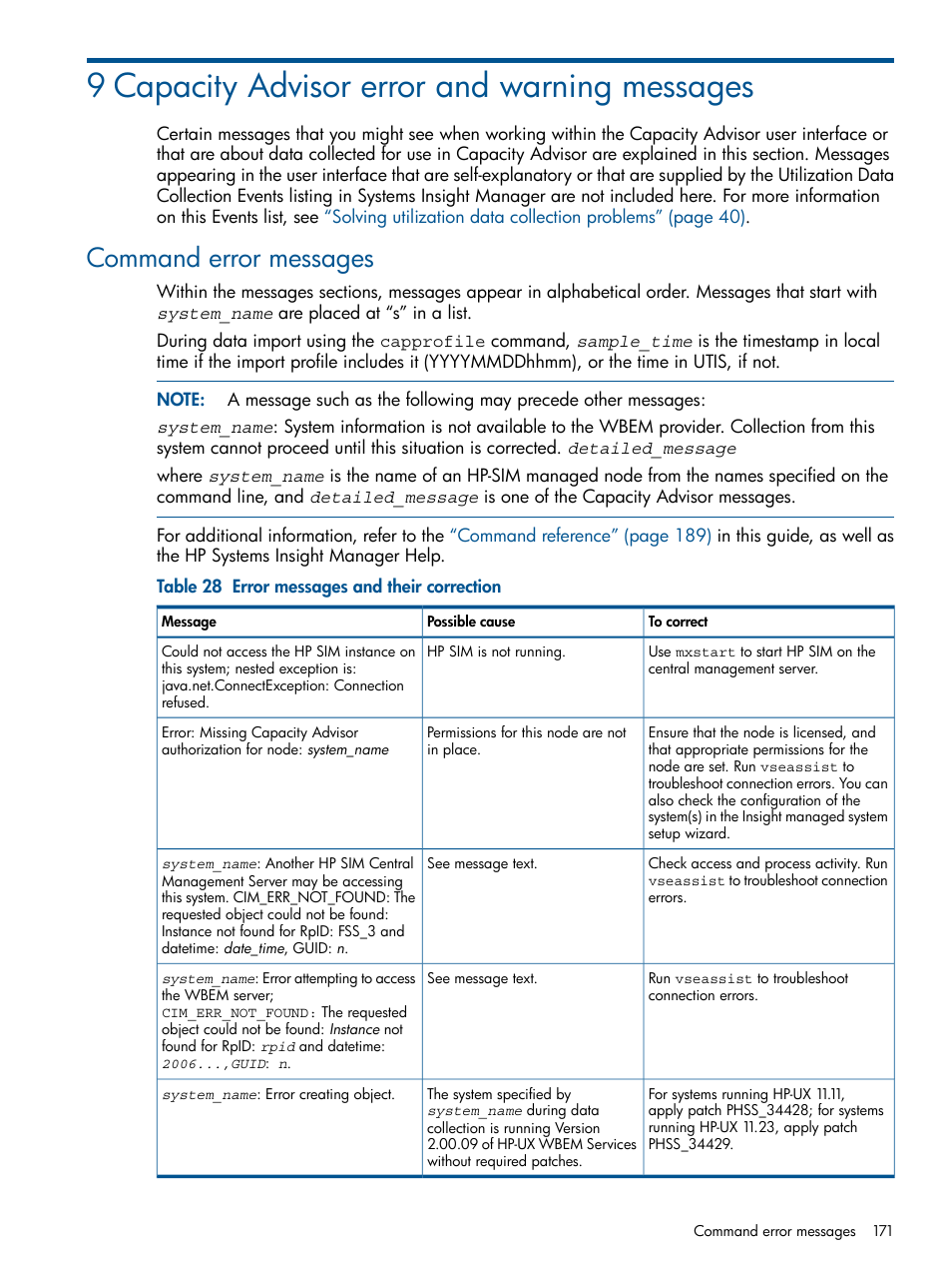 9 capacity advisor error and warning messages, Command error messages | HP Matrix Operating Environment Software User Manual | Page 171 / 233