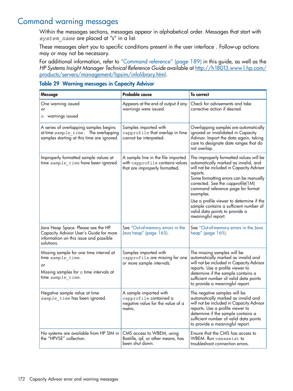 Command warning messages | HP Matrix Operating Environment Software User Manual | Page 172 / 233