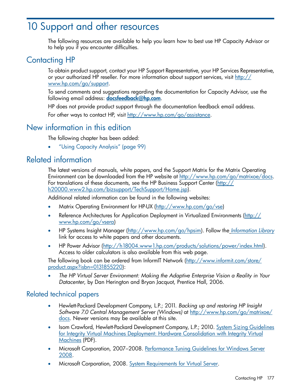 10 support and other resources, Contacting hp, New information in this edition | Related information, Related technical papers | HP Matrix Operating Environment Software User Manual | Page 177 / 233