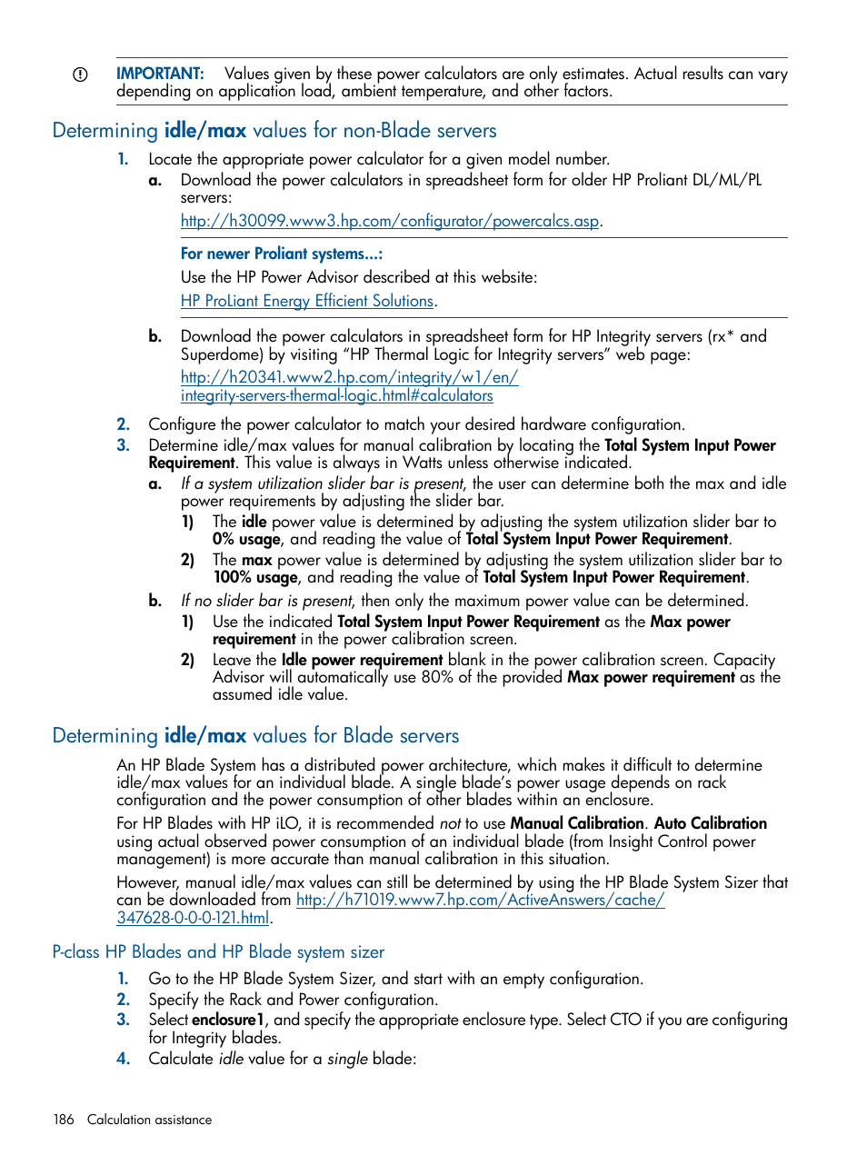 Determining idle/max values for non-blade servers, Determining idle/max values for blade servers, P-class hp blades and hp blade system sizer | HP Matrix Operating Environment Software User Manual | Page 186 / 233