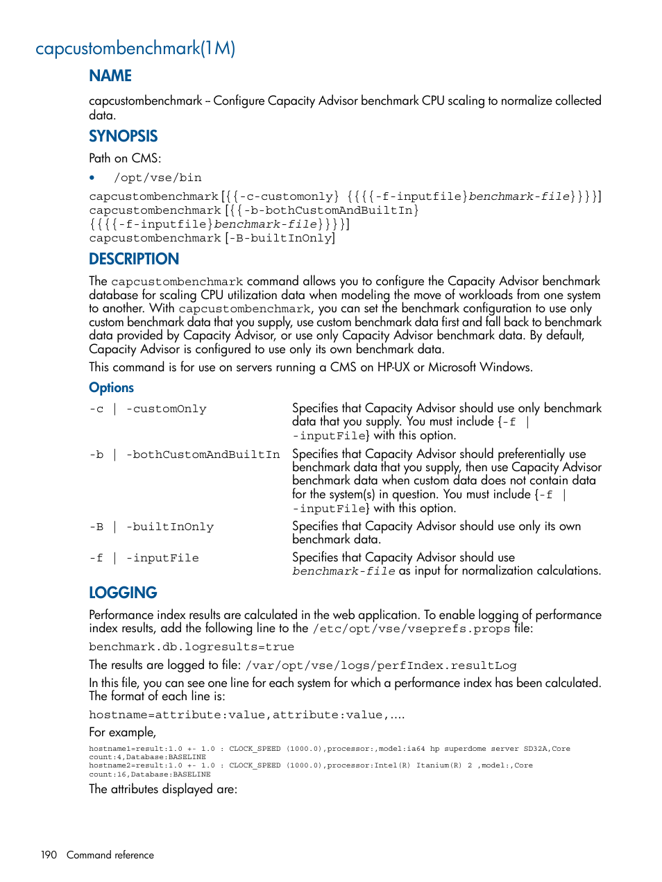 Capcustombenchmark(1m), Name, Synopsis | Description, Logging | HP Matrix Operating Environment Software User Manual | Page 190 / 233