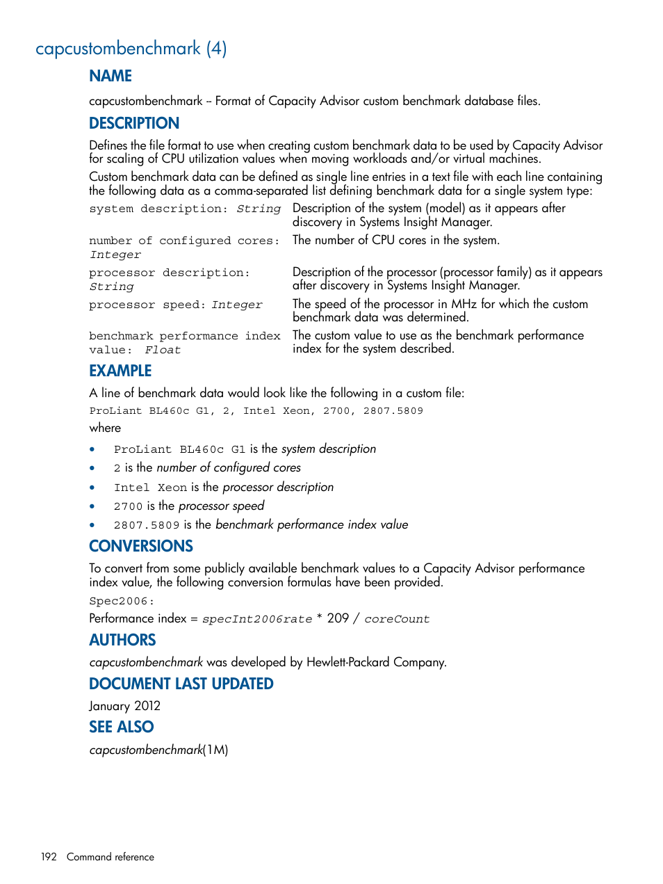 Capcustombenchmark (4), Capcustombenchmark(4), Name | Description, Example, Conversions, Authors, Document last updated, See also | HP Matrix Operating Environment Software User Manual | Page 192 / 233