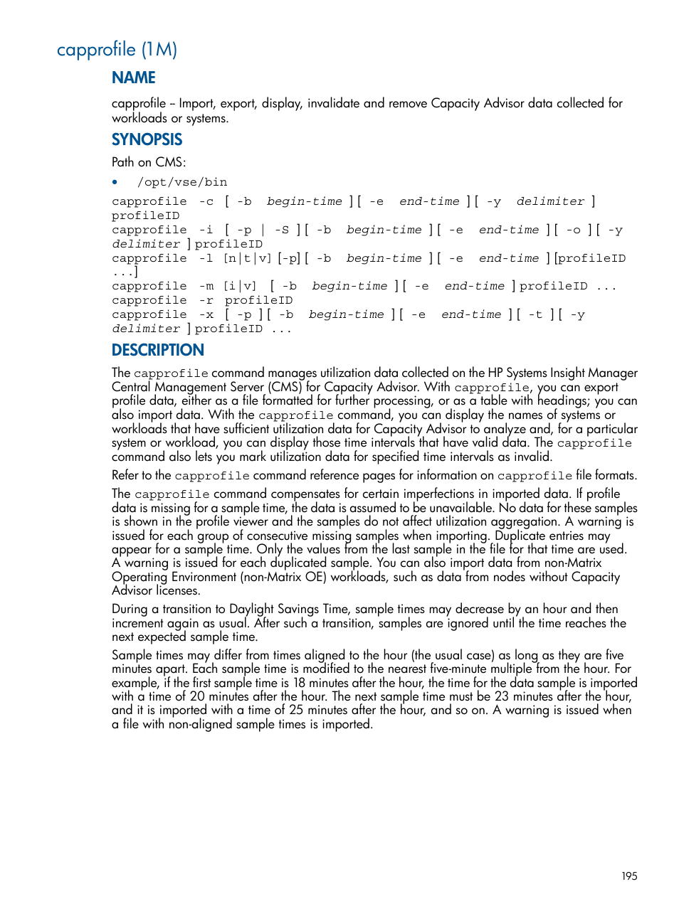 Capprofile (1m), Capprofile(1m), Name | Synopsis, Description | HP Matrix Operating Environment Software User Manual | Page 195 / 233