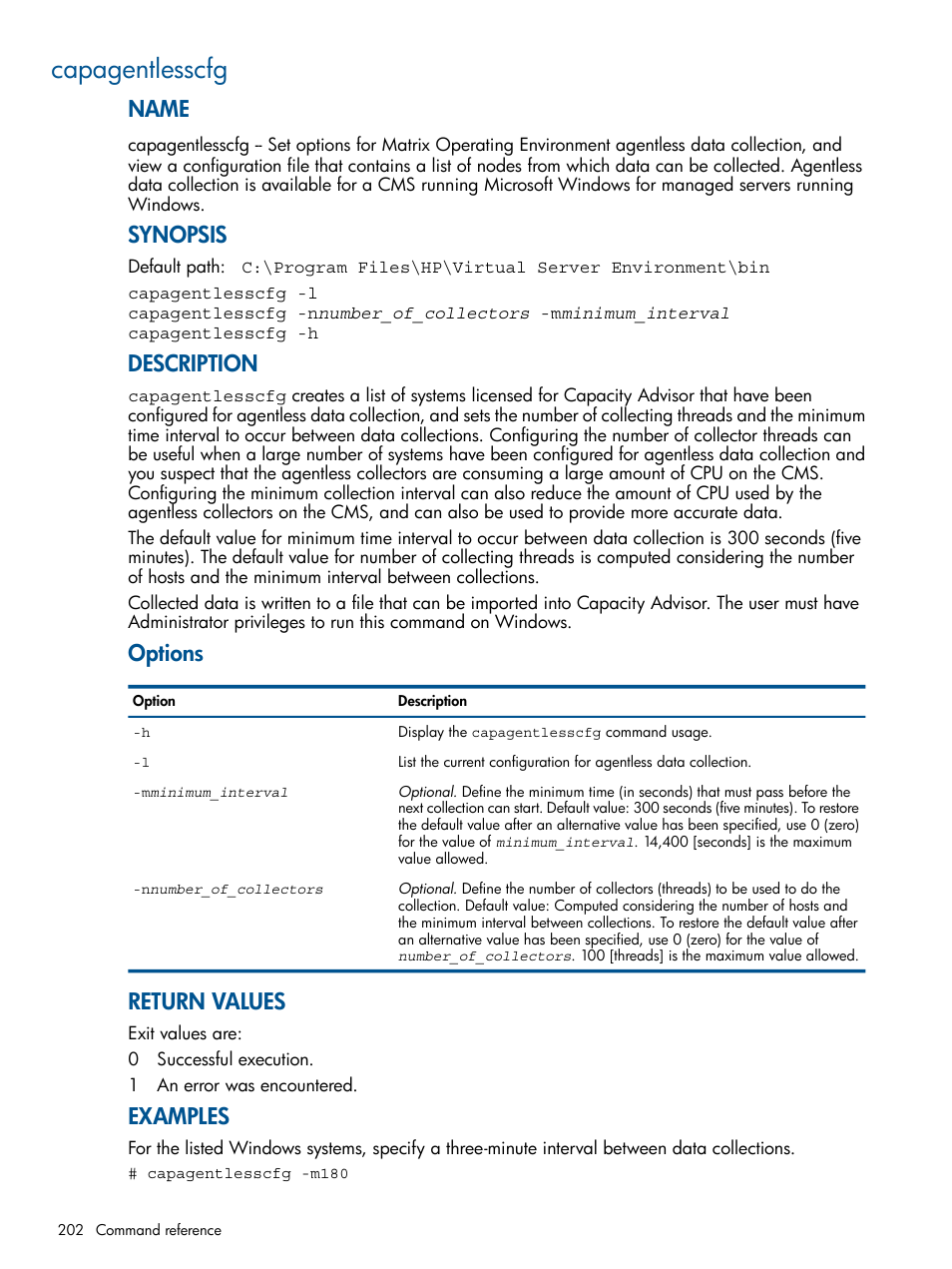 Capagentlesscfg, Name, Synopsis | Description, Options, Return values, Examples | HP Matrix Operating Environment Software User Manual | Page 202 / 233