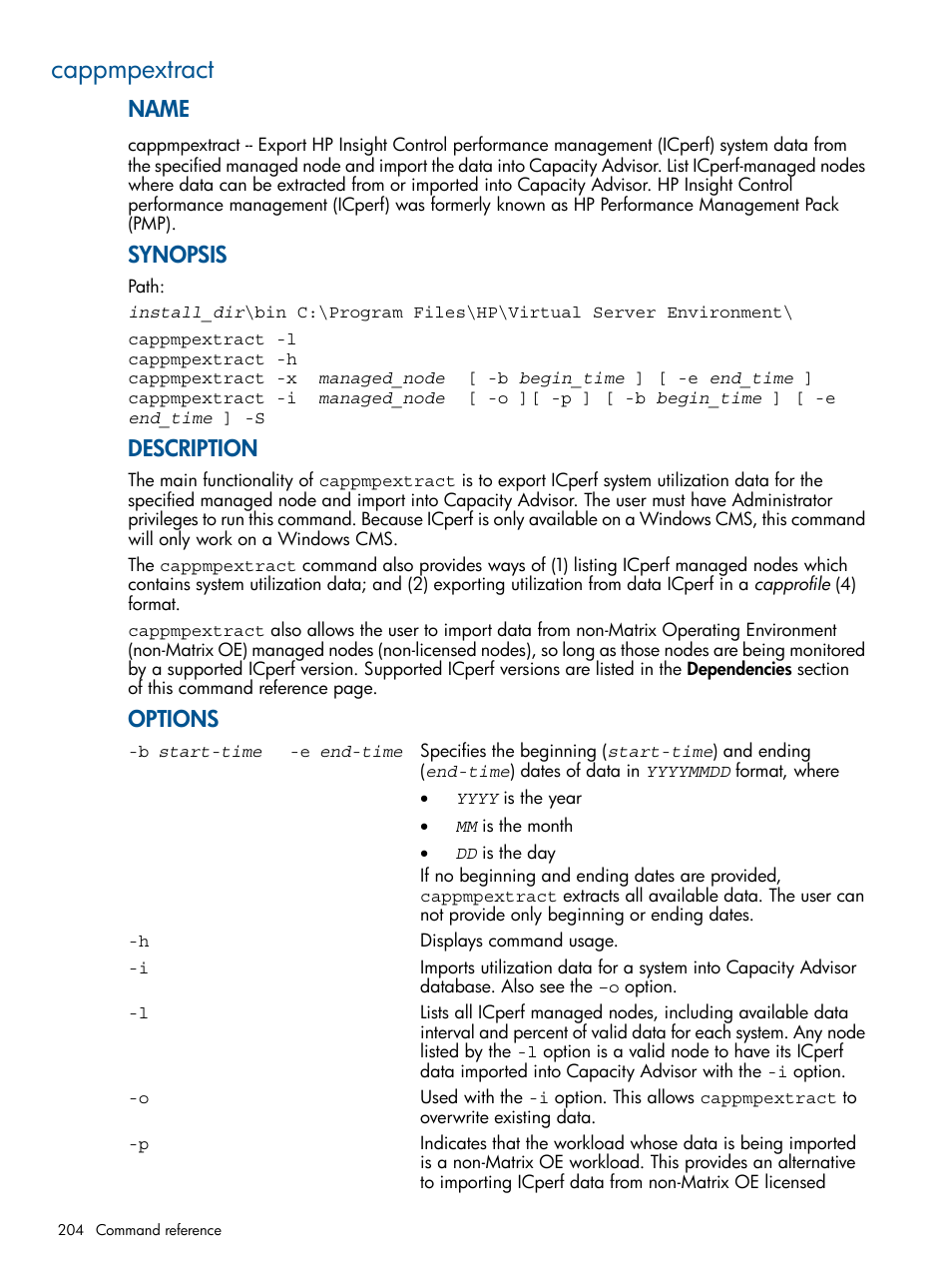 Cappmpextract, Cappmpextract(1m), Name | Synopsis, Description, Options | HP Matrix Operating Environment Software User Manual | Page 204 / 233