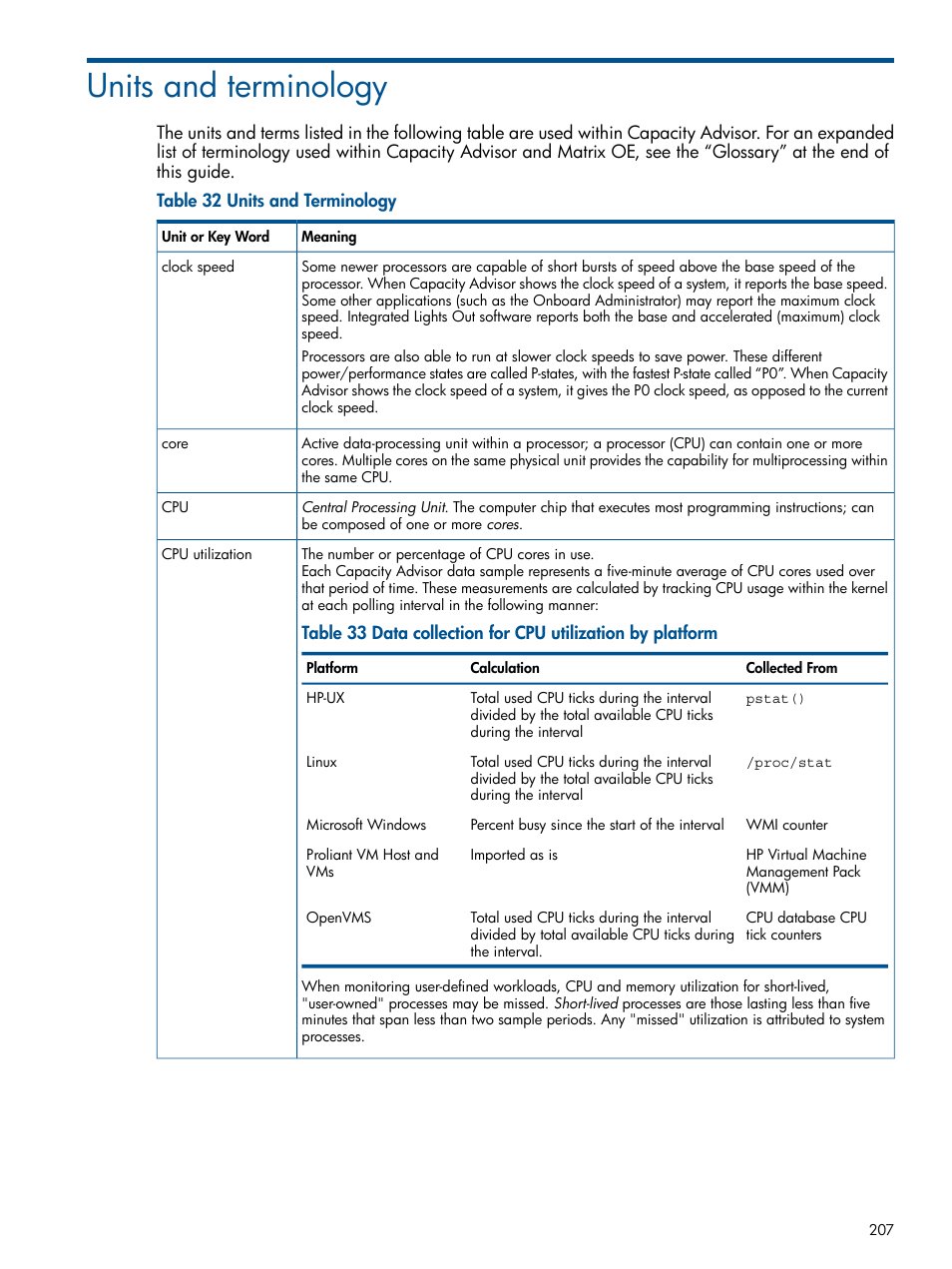 Units and terminology, Units and | HP Matrix Operating Environment Software User Manual | Page 207 / 233