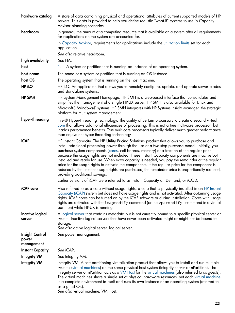 Hp instant capacity (icap) | HP Matrix Operating Environment Software User Manual | Page 221 / 233