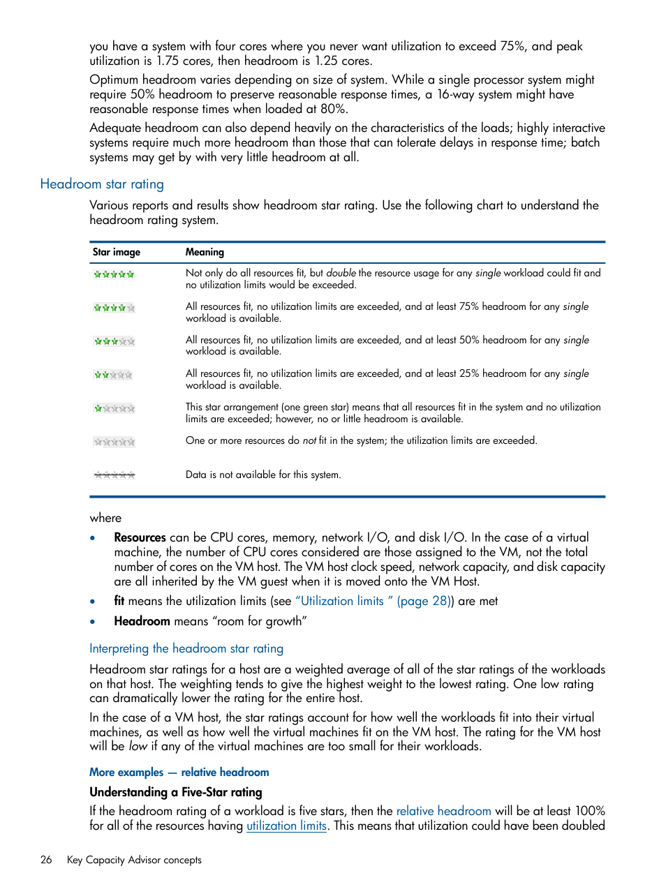 Headroom star rating, Interpreting the headroom star rating | HP Matrix Operating Environment Software User Manual | Page 26 / 233