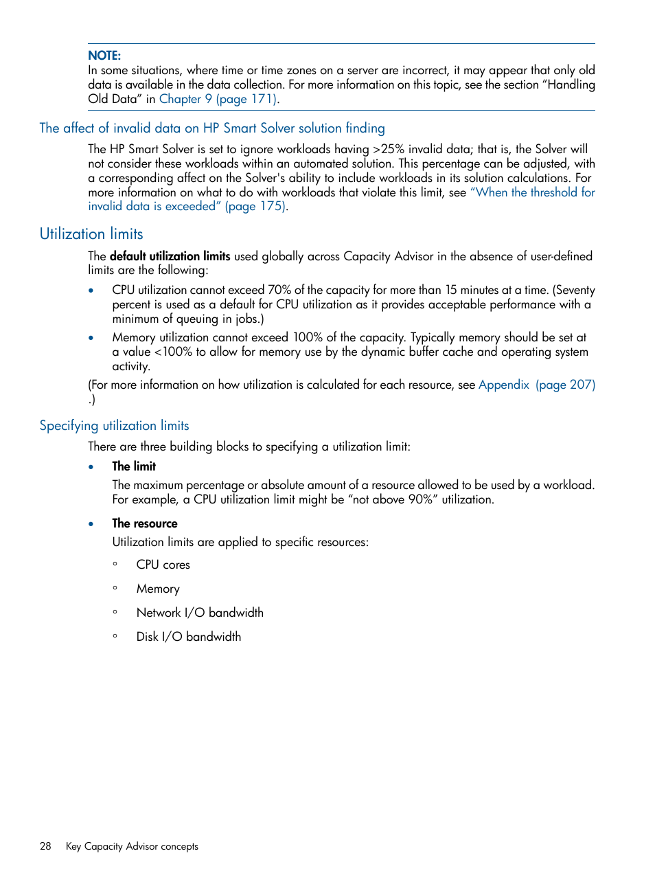 Utilization limits, Specifying utilization limits | HP Matrix Operating Environment Software User Manual | Page 28 / 233