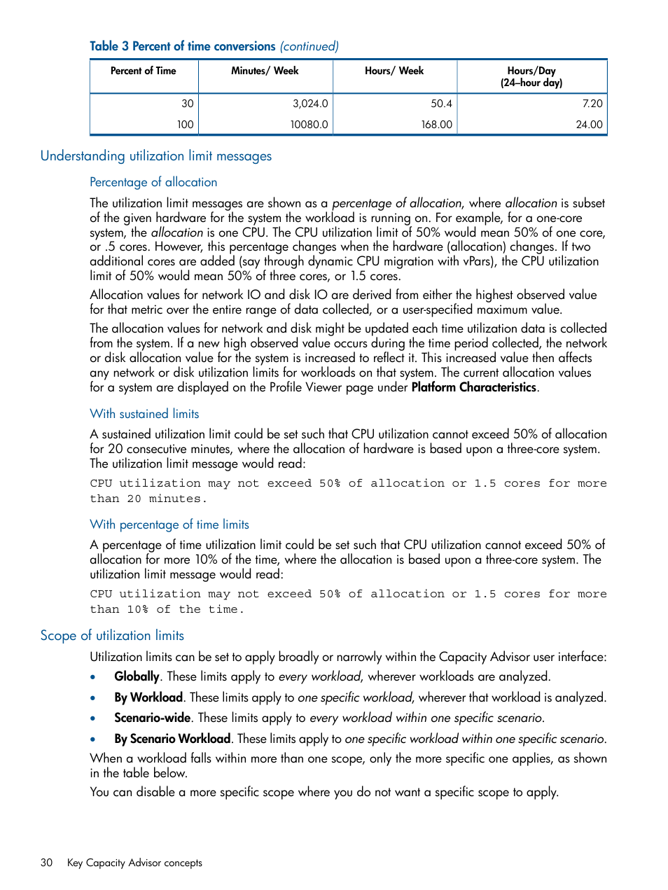 Understanding utilization limit messages, Percentage of allocation, With sustained limits | With percentage of time limits, Scope of utilization limits, Percentage of allocation with sustained limits | HP Matrix Operating Environment Software User Manual | Page 30 / 233