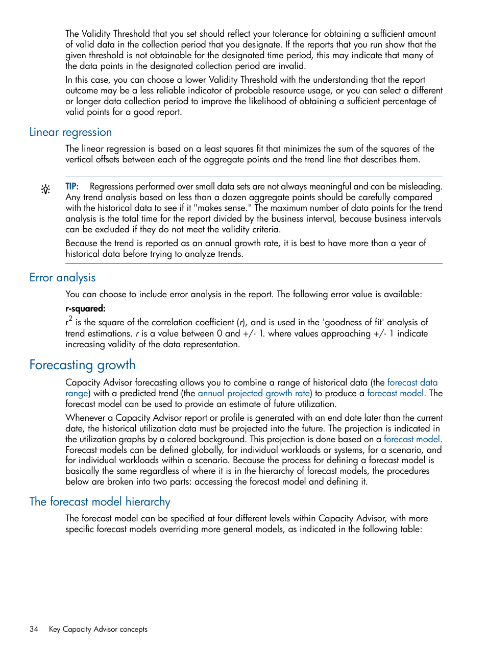 Linear regression, Error analysis, Forecasting growth | The forecast model hierarchy, Linear regression error analysis | HP Matrix Operating Environment Software User Manual | Page 34 / 233