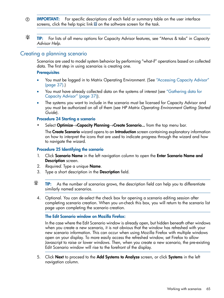 Creating a planning scenario | HP Matrix Operating Environment Software User Manual | Page 65 / 233