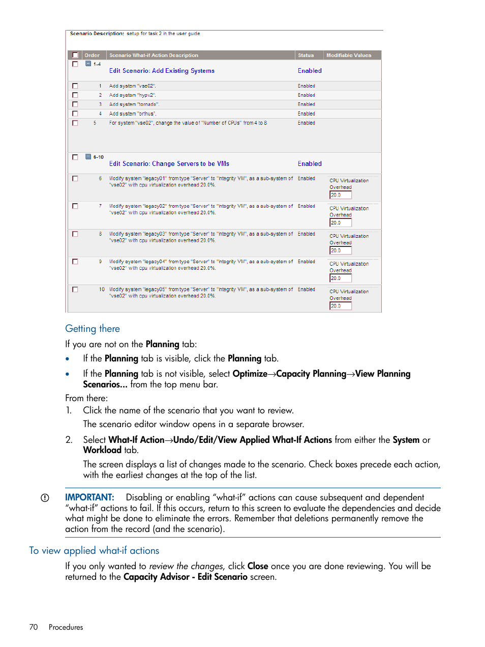 To view applied what-if actions | HP Matrix Operating Environment Software User Manual | Page 70 / 233