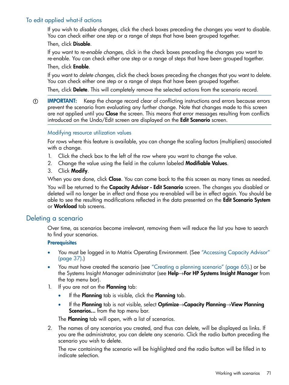 To edit applied what-if actions, Modifying resource utilization values, Deleting a scenario | HP Matrix Operating Environment Software User Manual | Page 71 / 233