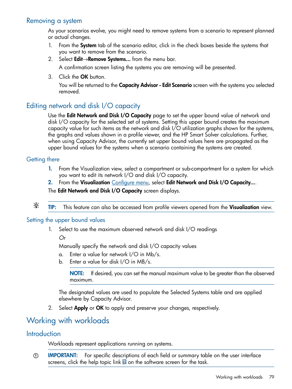 Removing a system, Editing network and disk i/o capacity, Getting there | Setting the upper bound values, Working with workloads, Introduction, Getting there setting the upper bound values | HP Matrix Operating Environment Software User Manual | Page 79 / 233