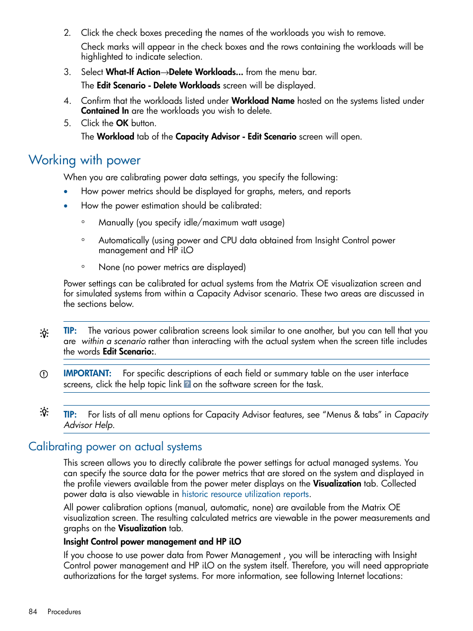 Working with power, Calibrating power on actual systems | HP Matrix Operating Environment Software User Manual | Page 84 / 233