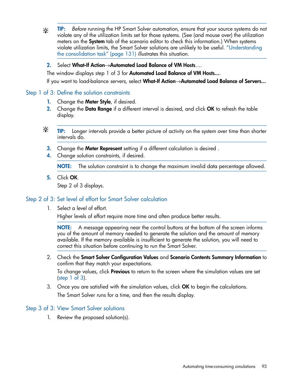 Step 1 of 3: define the solution constraints, Step 3 of 3: view smart solver solutions | HP Matrix Operating Environment Software User Manual | Page 93 / 233