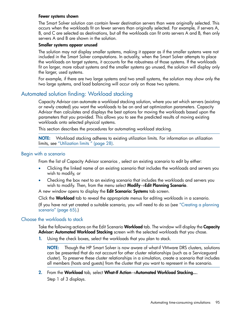 Automated solution finding: workload stacking, Begin with a scenario, Choose the workloads to stack | HP Matrix Operating Environment Software User Manual | Page 95 / 233