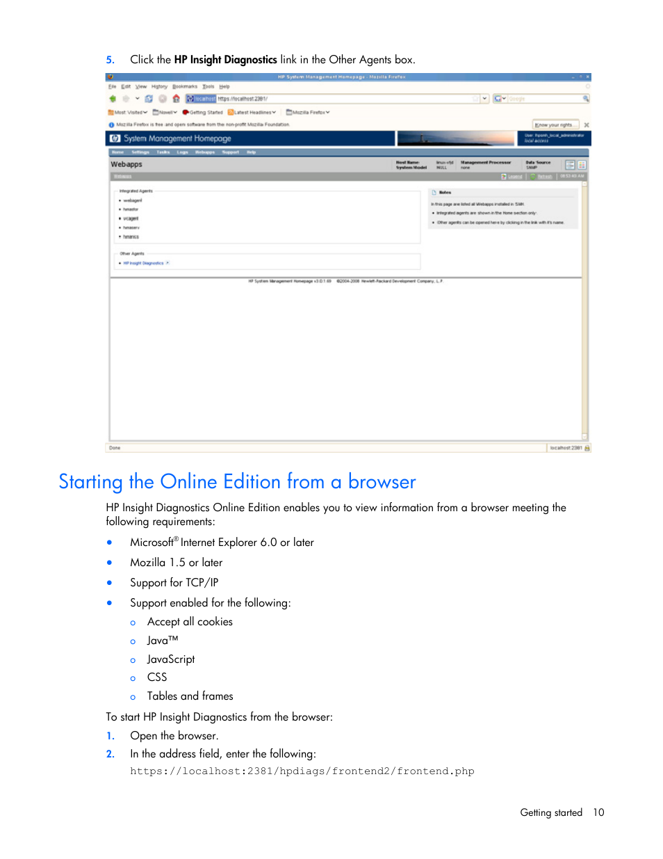 Starting the online edition from a browser | HP Insight Diagnostics User Manual | Page 10 / 40