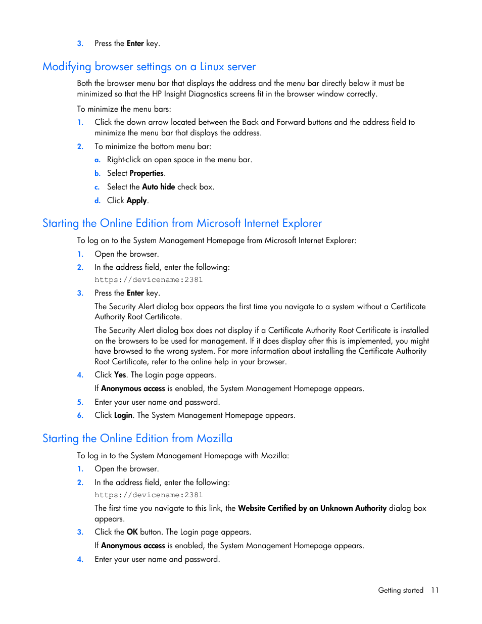 Modifying browser settings on a linux server, Starting the online edition from mozilla | HP Insight Diagnostics User Manual | Page 11 / 40