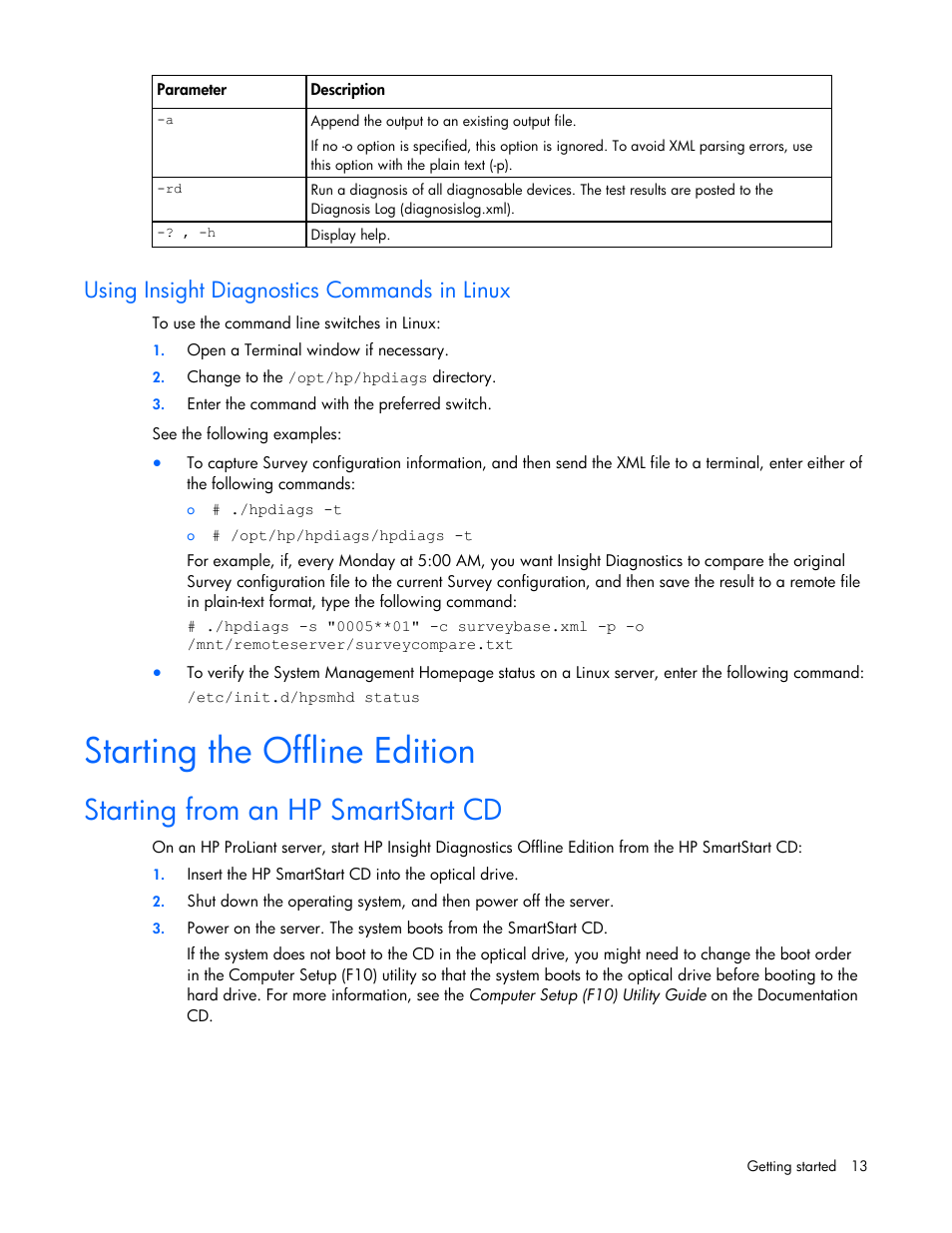 Using insight diagnostics commands in linux, Starting the offline edition, Starting from an hp smartstart cd | HP Insight Diagnostics User Manual | Page 13 / 40