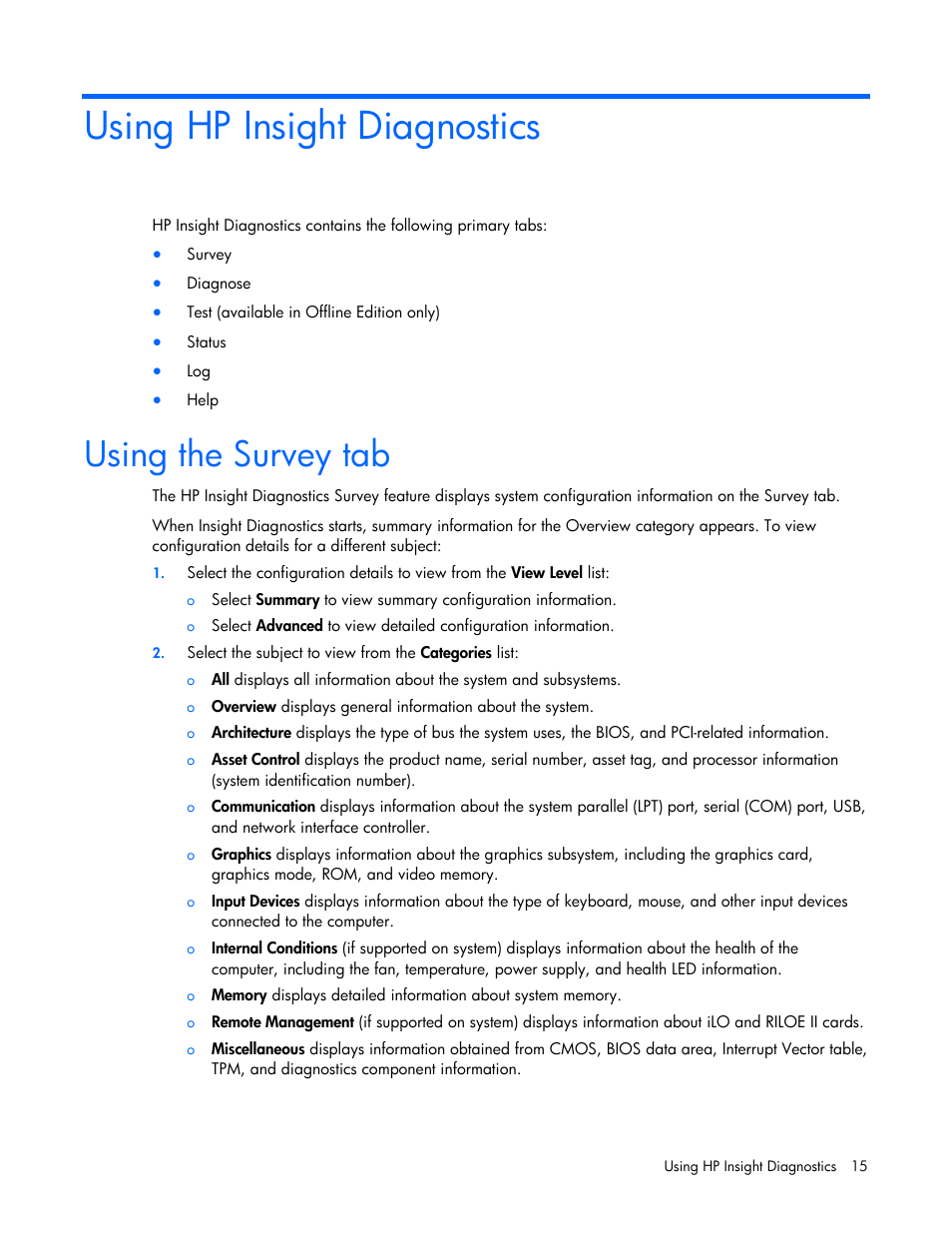 Using hp insight diagnostics, Using the survey tab | HP Insight Diagnostics User Manual | Page 15 / 40