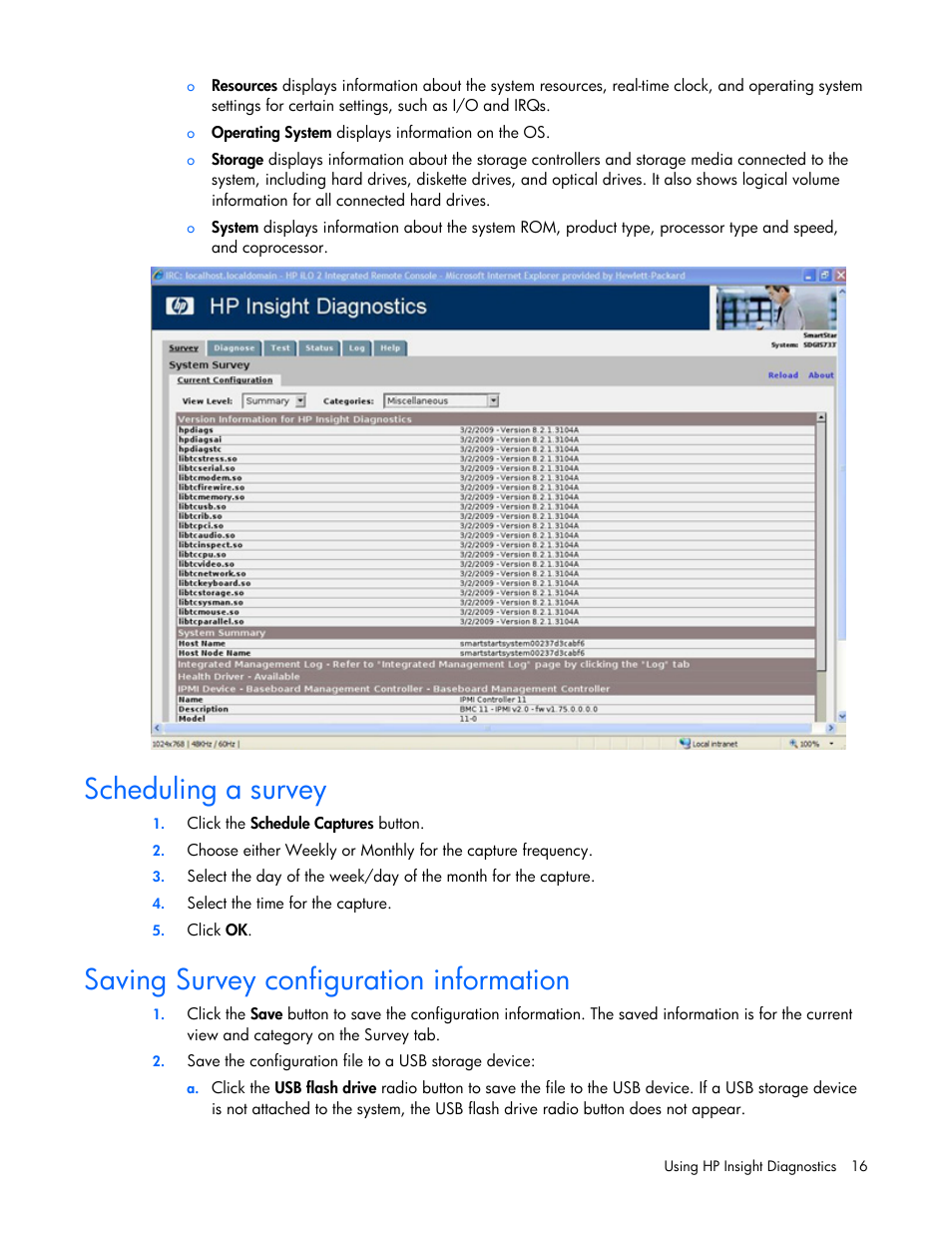 Scheduling a survey, Saving survey configuration information | HP Insight Diagnostics User Manual | Page 16 / 40