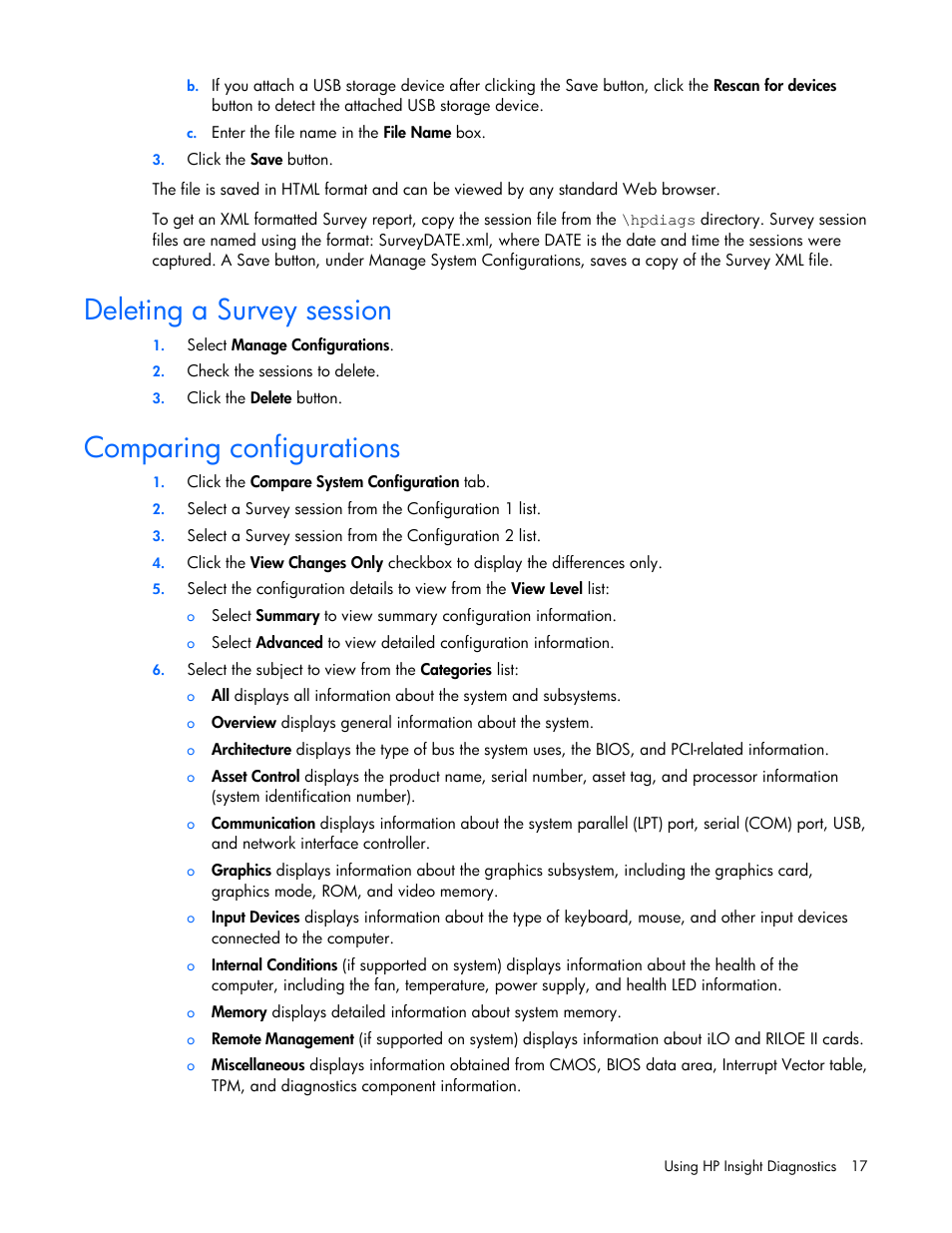 Deleting a survey session, Comparing configurations | HP Insight Diagnostics User Manual | Page 17 / 40