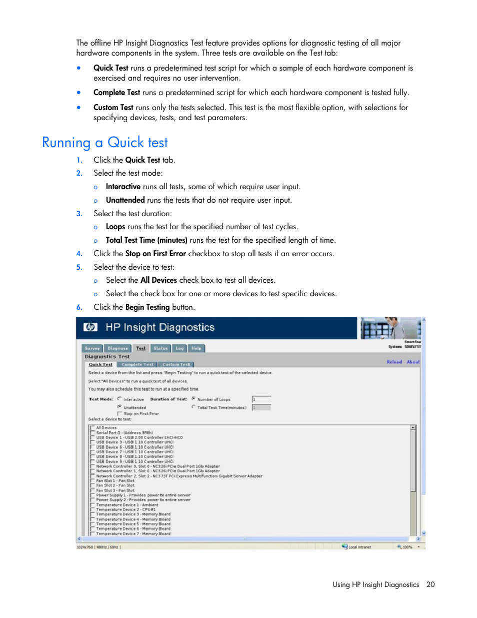 Running a quick test | HP Insight Diagnostics User Manual | Page 20 / 40