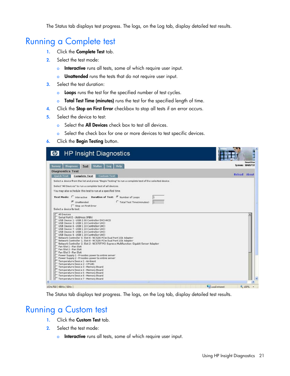 Running a complete test, Running a custom test | HP Insight Diagnostics User Manual | Page 21 / 40