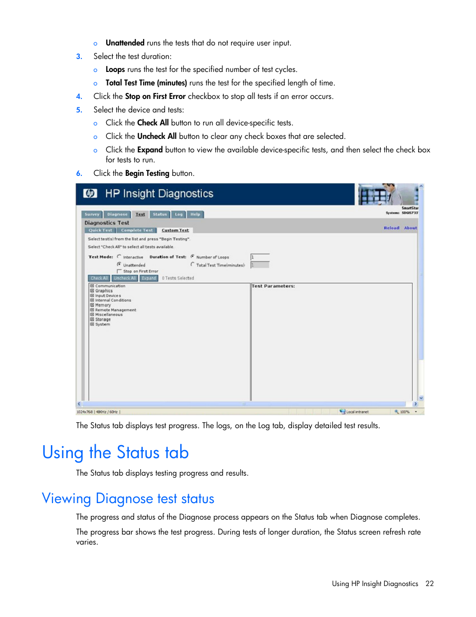 Using the status tab, Viewing diagnose test status | HP Insight Diagnostics User Manual | Page 22 / 40